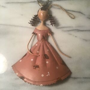 Vintage Primitive Metal Girl Ornament - Pink Polka Dot Dress - Rustic Folk Art
